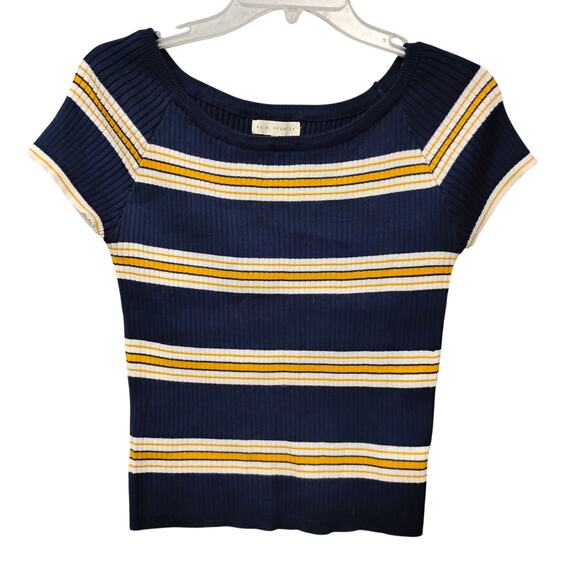 L.A. Hearts Ribbed Blouse Striped Blue and Yellow Size Large Short Sleeve - Picture 3 of 7